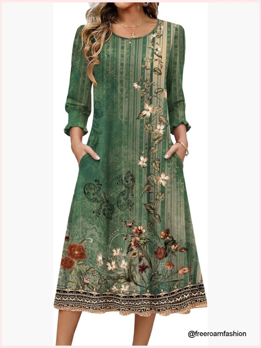 Floral Midi Dress with Pockets 3/4 Sleeve Casual Summer Dress